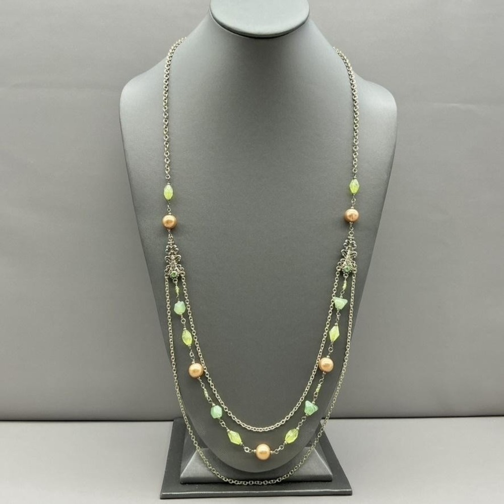 1928 Necklace Gold Tone Green‎ Glass Beaded Layered Station Jewelry 24 Inch
